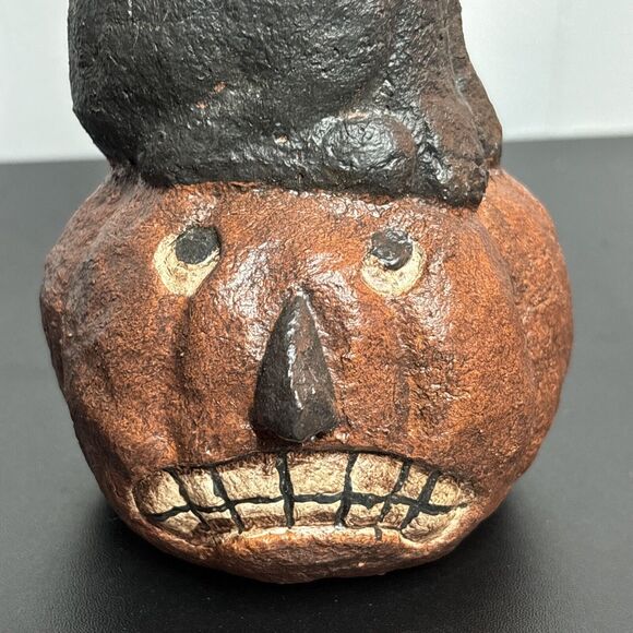 Primitive Black Cat Smiley Whiskers Sculpture w/ Pumpkin Paper Mache Figure - Picture 6 of 9